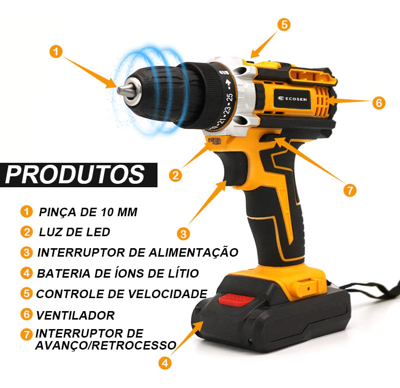 Furadeira Com Chave De Fenda Escovada 21v - 2 Baterias